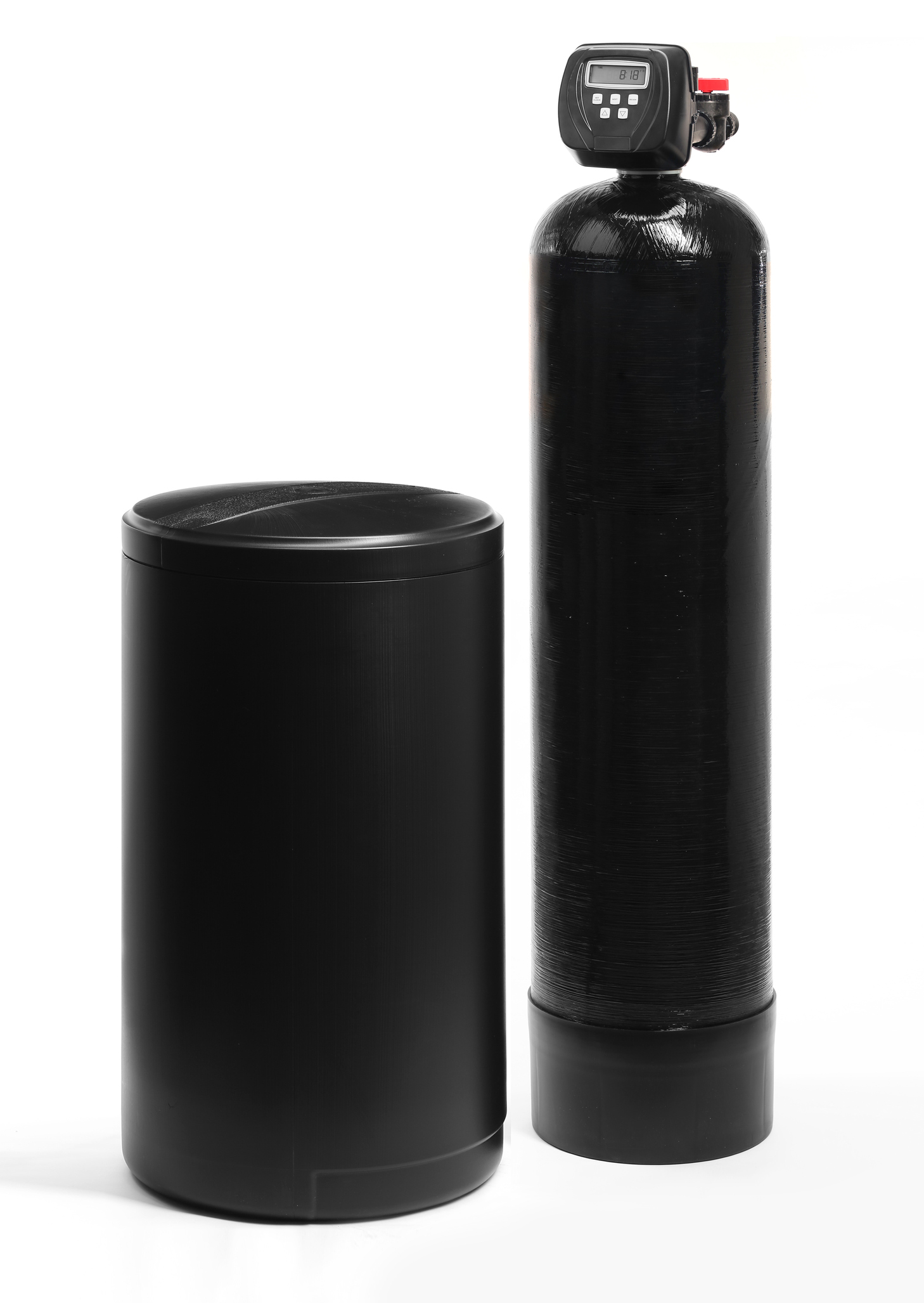 A black, ion exchange style water softener with a brine tank